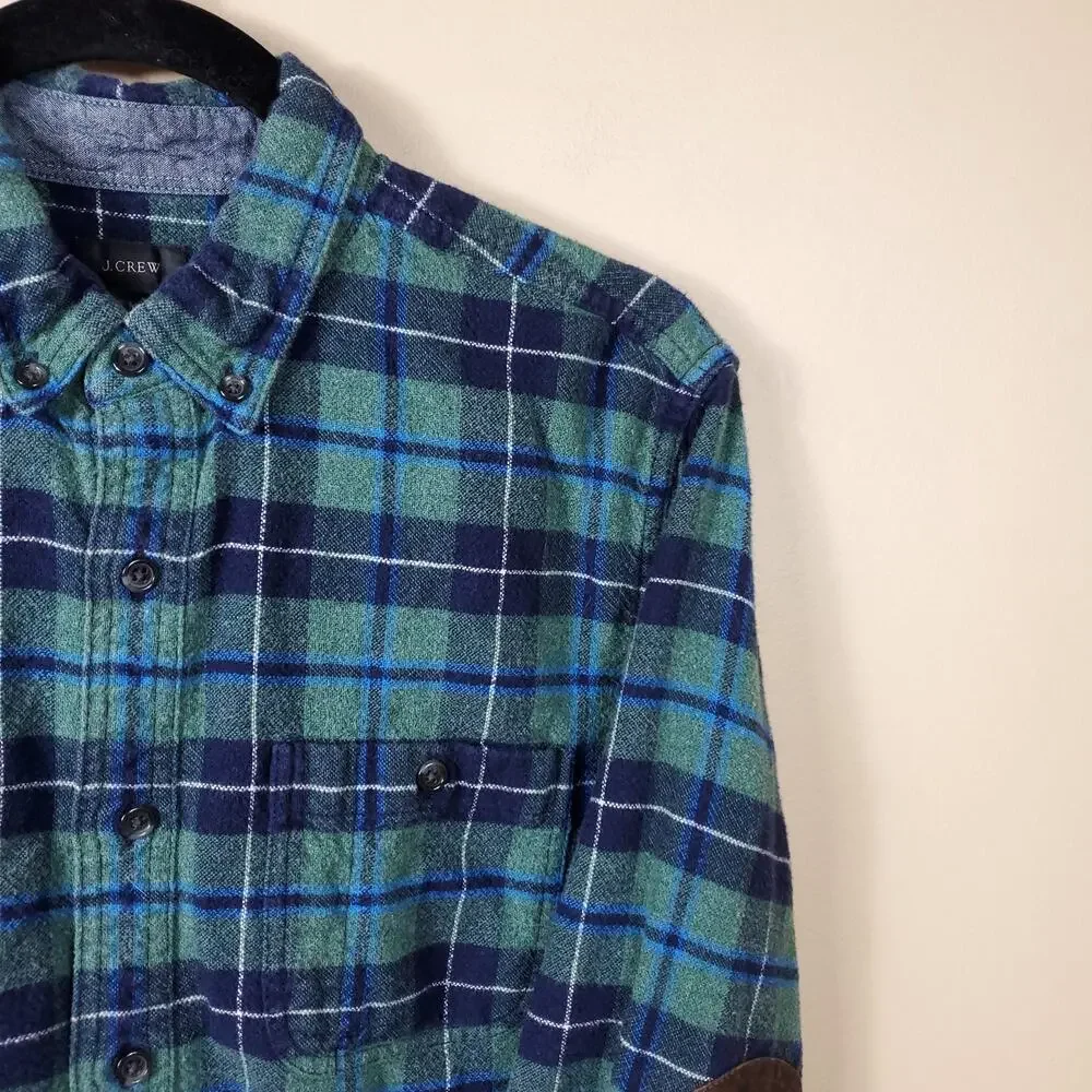J. Crew Plaid Button-up Flannel Shirt with Leather Elbow Patches Size M